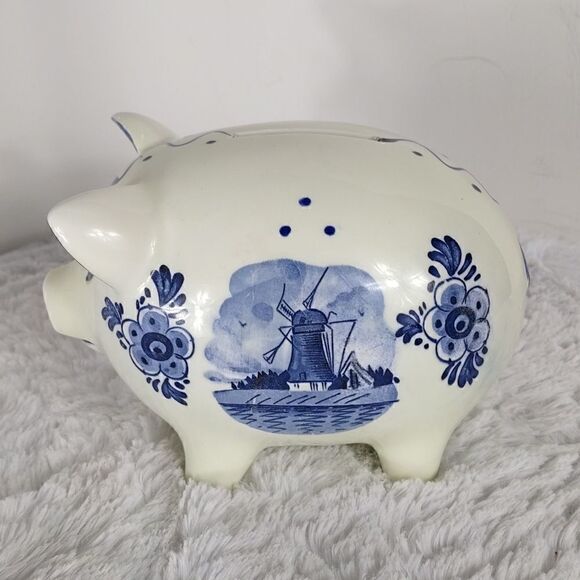 Vtg. Delft Blue Windmill Floral Piggy Bank - Picture 2 of 8